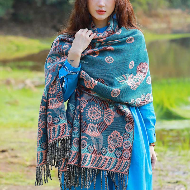 Sciarpa termica morbida con motivo etnico Buddha Stones jacquard e piante, motivo nappa, scialle - Floreale verde mare chiaro - 70-190 cm - image 19