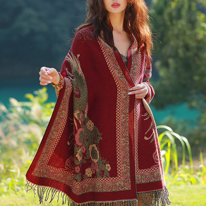 Sciarpa termica morbida con motivo etnico Buddha Stones jacquard e piante, motivo nappa, scialle - Vite rosso scuro Uccello Floreale - 70-190 cm - image 46