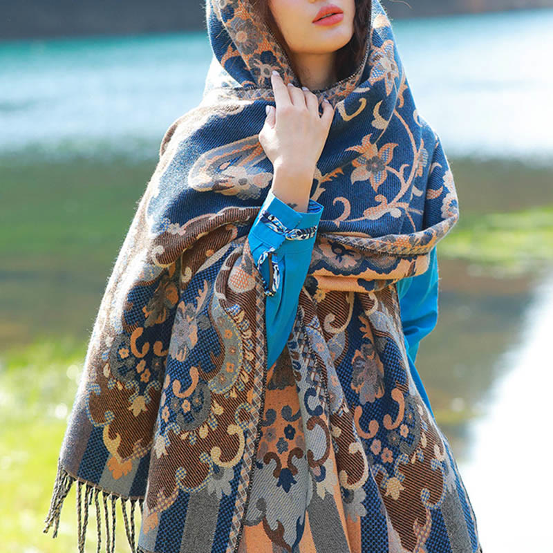 Sciarpa termica morbida con motivo etnico Buddha Stones jacquard e piante, motivo nappa, scialle - Viti blu acciaio floreali - 70-190 cm - image 7