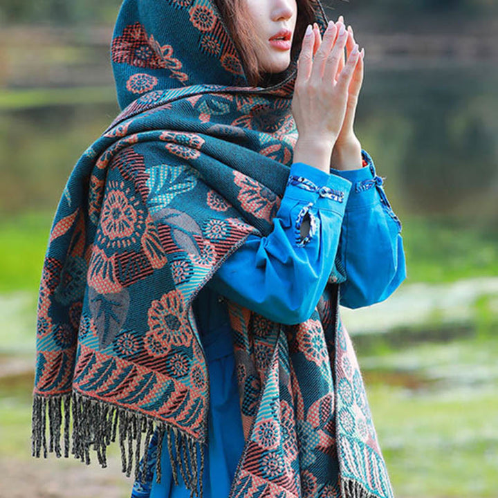 Sciarpa termica morbida con motivo etnico Buddha Stones jacquard e piante, motivo nappa, scialle - image 20