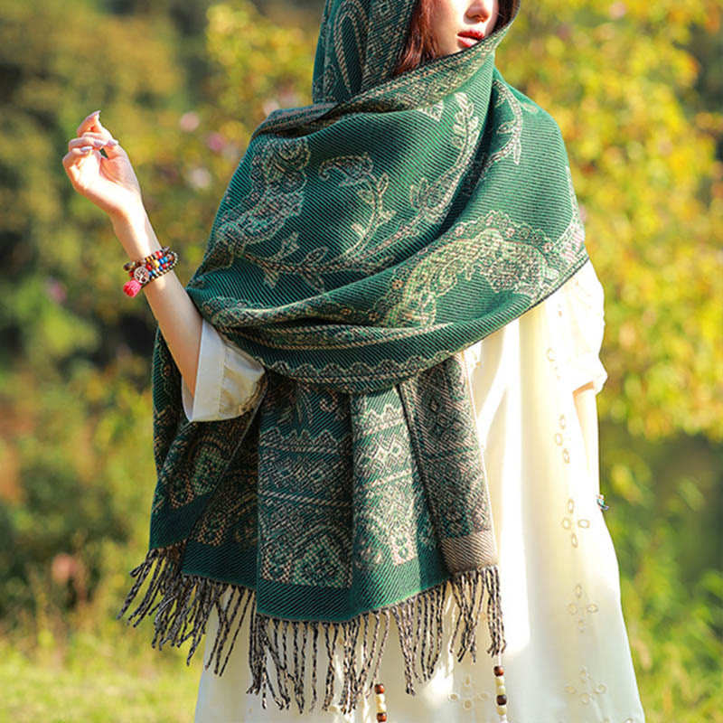 Sciarpa termica morbida con motivo etnico Buddha Stones jacquard e piante, motivo nappa, scialle - Viti verdi marine medie - 70-190 cm - image 0