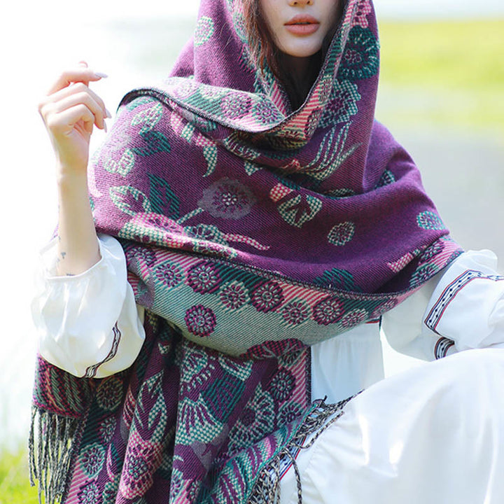 Sciarpa termica morbida con motivo etnico Buddha Stones jacquard e piante, motivo nappa, scialle - Floreale viola - 70-190 cm - image 28