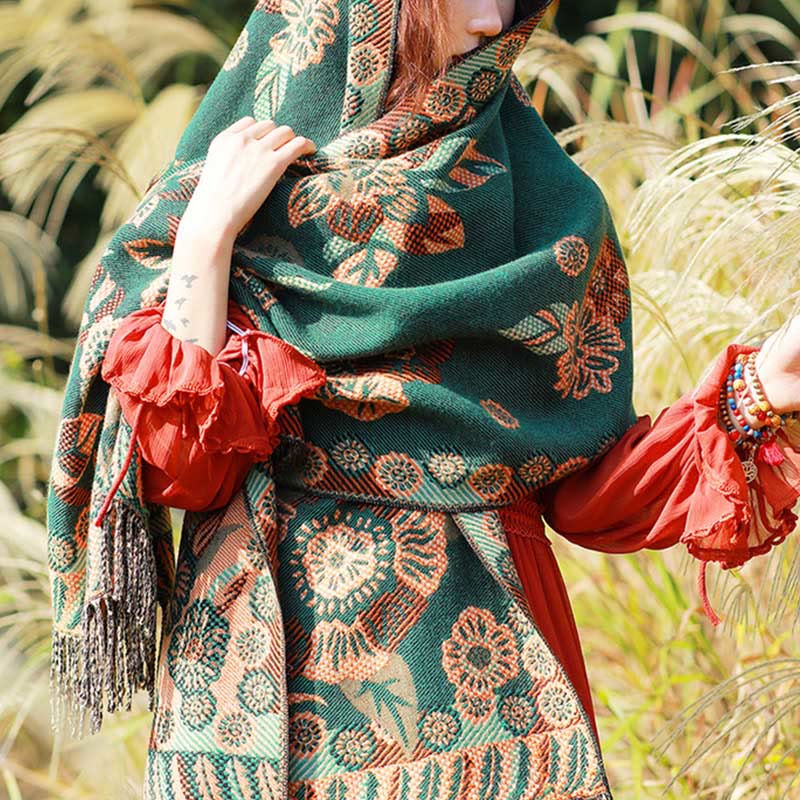 Sciarpa termica morbida con motivo etnico Buddha Stones jacquard e piante, motivo nappa, scialle - Floreale verde mare - 70-190 cm - image 31