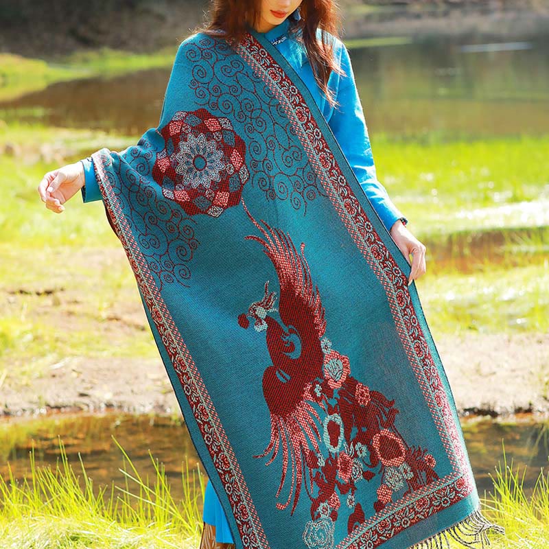 Sciarpa termica morbida con motivo etnico Buddha Stones jacquard e piante, motivo nappa, scialle - Viticci di ciano scuro Uccello floreale - 70-190 cm - image 45