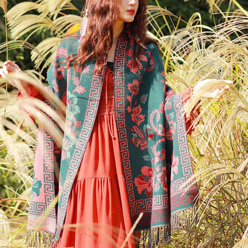 Sciarpa termica morbida con motivo etnico Buddha Stones jacquard e piante, motivo nappa, scialle - image 36