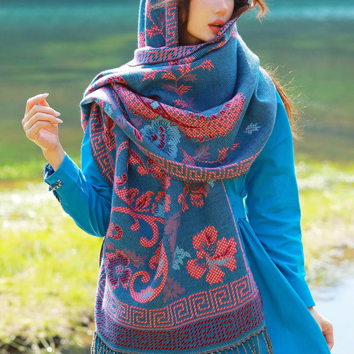 Sciarpa termica morbida con motivo etnico Buddha Stones jacquard e piante, motivo nappa, scialle - Floreale blu acciaio - 70-190 cm - image 37