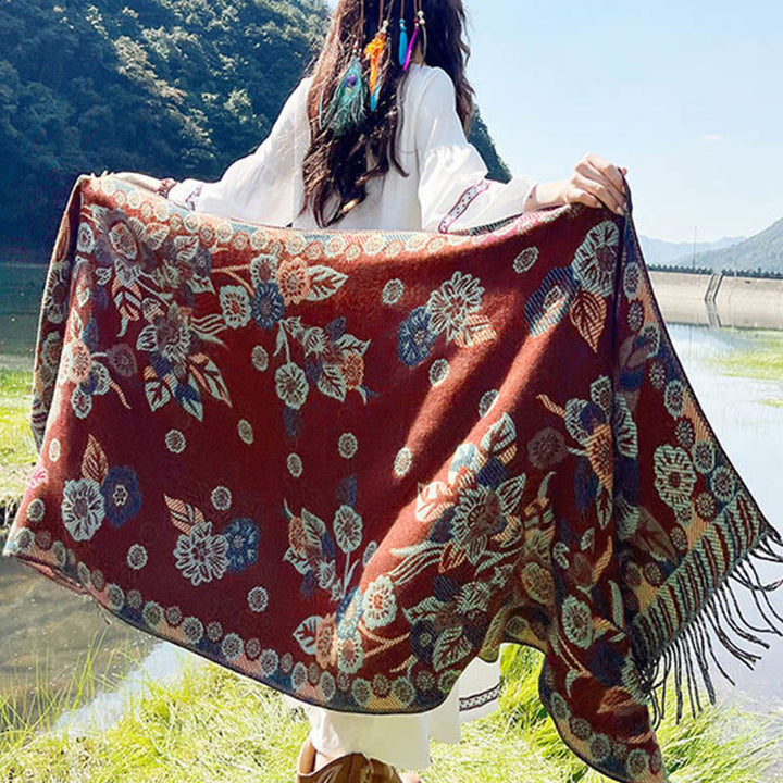 Sciarpa termica morbida con motivo etnico Buddha Stones jacquard e piante, motivo nappa, scialle - image 27