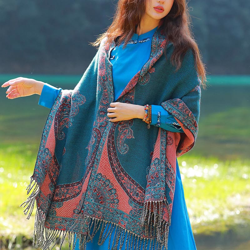 Sciarpa termica morbida con motivo etnico Buddha Stones jacquard e piante, motivo nappa, scialle - DarkCyan Paisley - 70-190 cm - image 43