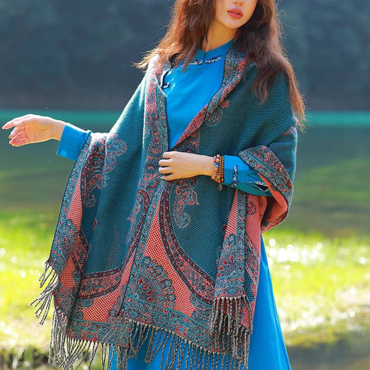 Sciarpa termica morbida con motivo etnico Buddha Stones jacquard e piante, motivo nappa, scialle - DarkCyan Paisley - 70-190 cm - image 43