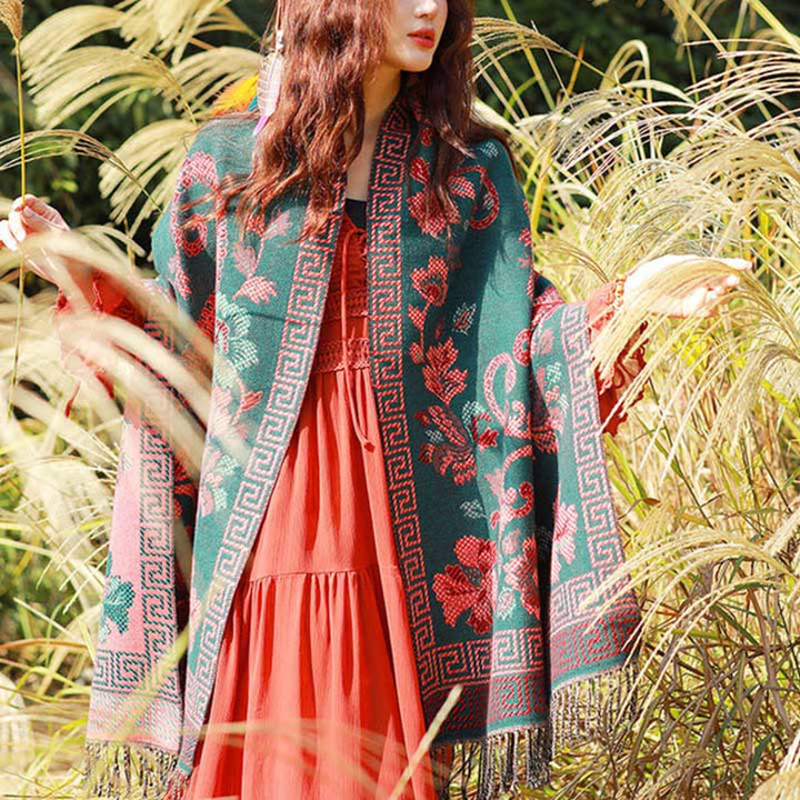 Sciarpa termica morbida con motivo etnico Buddha Stones jacquard e piante, motivo nappa, scialle - image 36