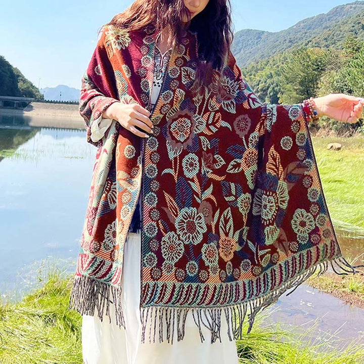 Sciarpa termica morbida con motivo etnico Buddha Stones jacquard e piante, motivo nappa, scialle - Floreale rosso scuro - 70-190 cm - image 25