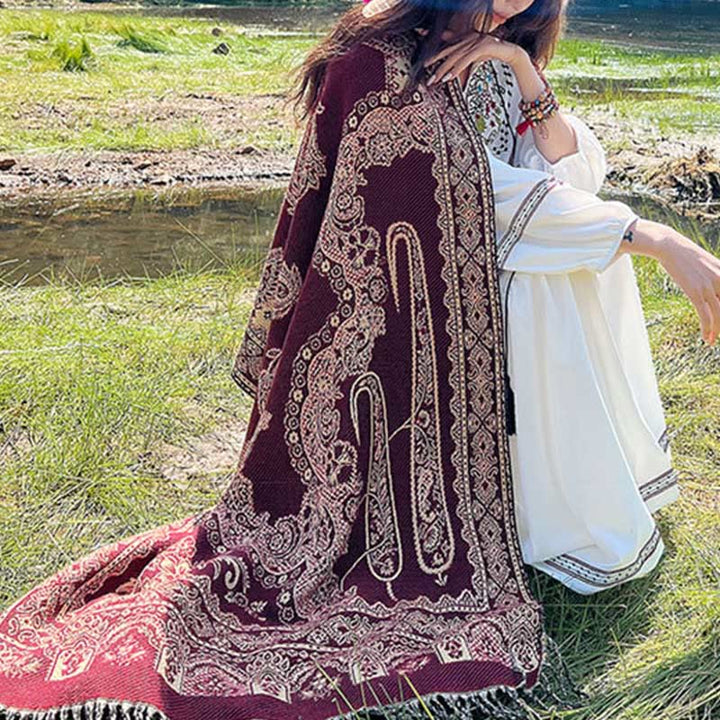 Sciarpa termica morbida con motivo etnico Buddha Stones jacquard e piante, motivo nappa, scialle - image 18