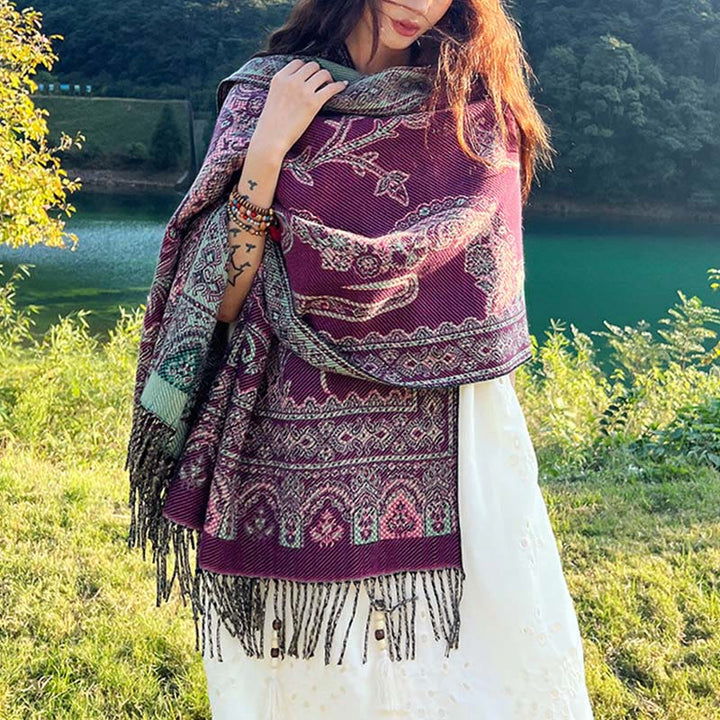 Sciarpa termica morbida con motivo etnico Buddha Stones jacquard e piante, motivo nappa, scialle - Viti Paisley Magenta Scuro - 70-190 cm - image 15