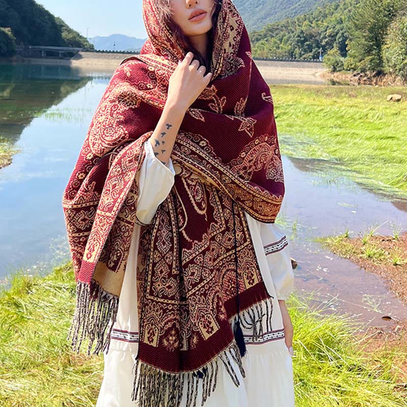 Sciarpa termica morbida con motivo etnico Buddha Stones jacquard e piante, motivo nappa, scialle - Viti Paisley cremisi - 70-190 cm - image 14