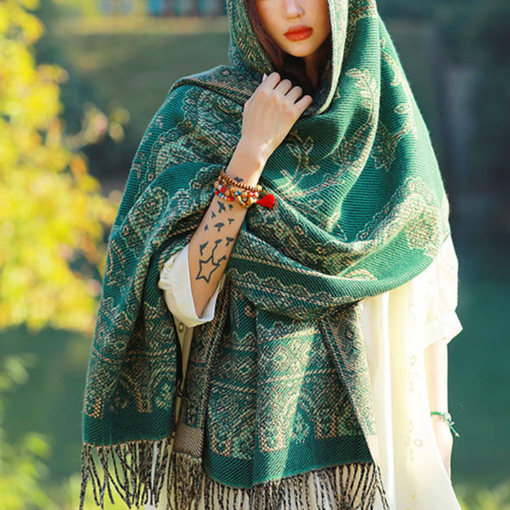 Sciarpa termica morbida con motivo etnico Buddha Stones jacquard e piante, motivo nappa, scialle - image 2