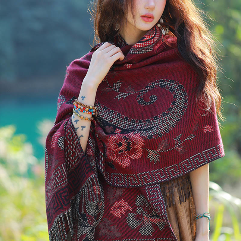Sciarpa termica morbida con motivo etnico Buddha Stones jacquard e piante, motivo nappa, scialle - Paisley floreale rosso scuro - 70-190 cm - image 38