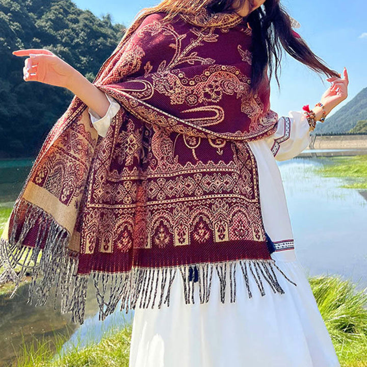 Sciarpa termica morbida con motivo etnico Buddha Stones jacquard e piante, motivo nappa, scialle - image 17