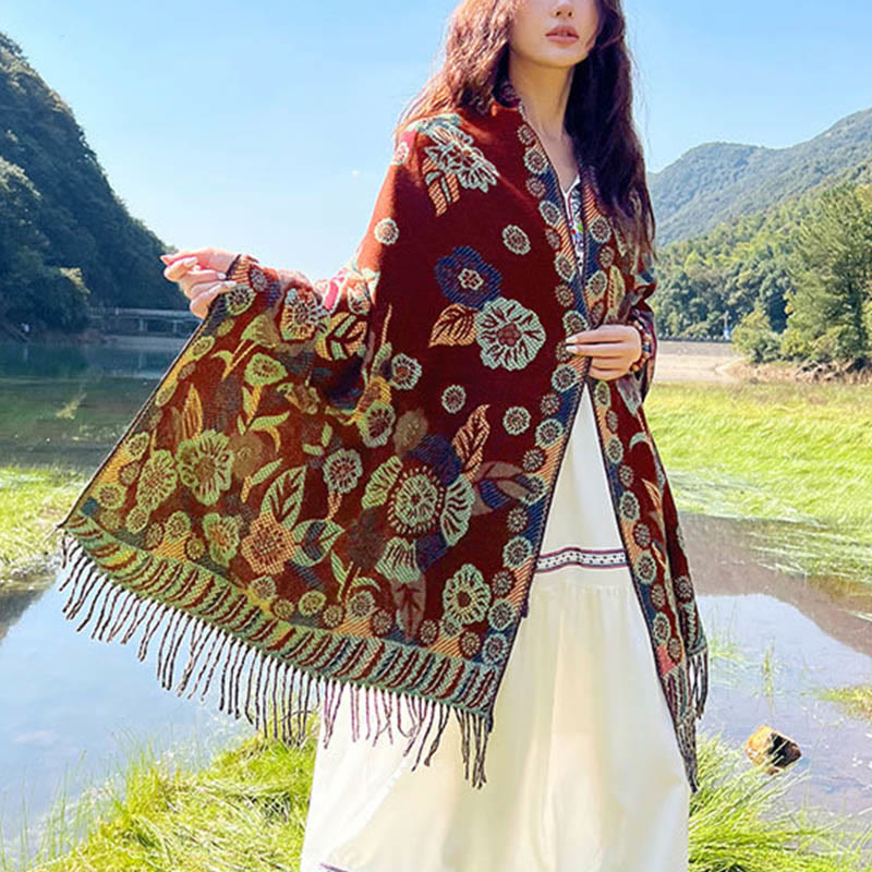 Sciarpa termica morbida con motivo etnico Buddha Stones jacquard e piante, motivo nappa, scialle - image 26