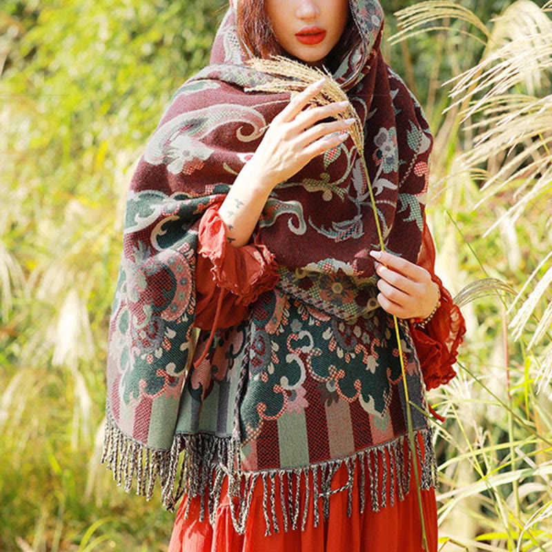 Sciarpa termica morbida con motivo etnico Buddha Stones jacquard e piante, motivo nappa, scialle - Paisley rosso scuro - 70-190 cm - image 3