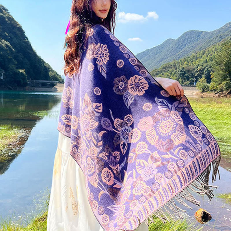 Sciarpa termica morbida con motivo etnico Buddha Stones jacquard e piante, motivo nappa, scialle - image 24