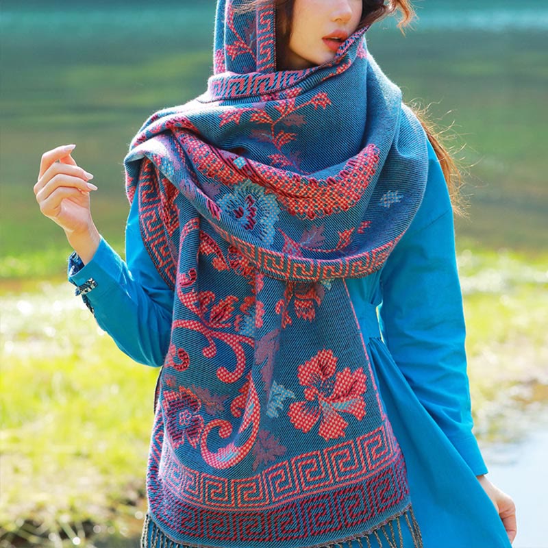 Sciarpa termica morbida con motivo etnico Buddha Stones jacquard e piante, motivo nappa, scialle - Floreale blu acciaio - 70-190 cm - image 37