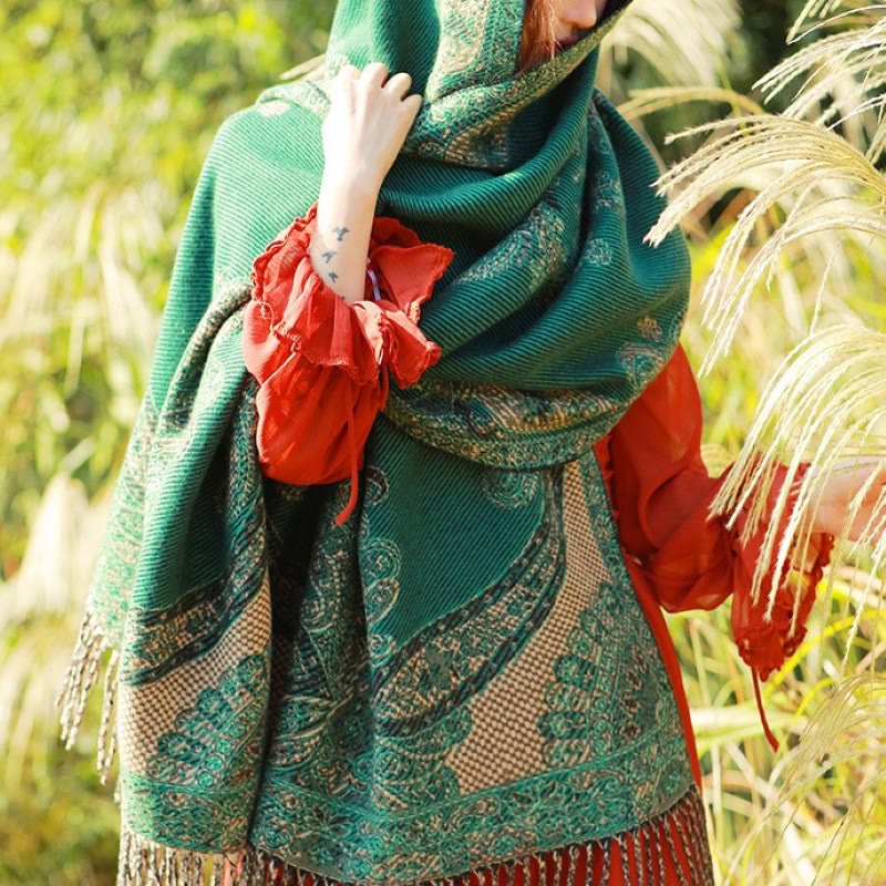Sciarpa termica morbida con motivo etnico Buddha Stones jacquard e piante, motivo nappa, scialle - Paisley verde mare - 70-190 cm - image 44