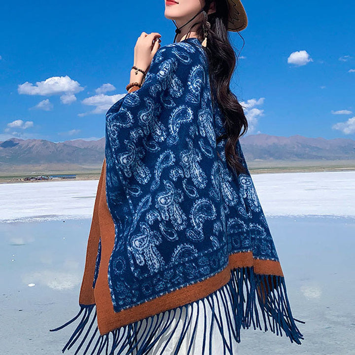 Sciarpa scialle con nappe e motivo patchwork Paisley blu navy Buddha Stones - image 6