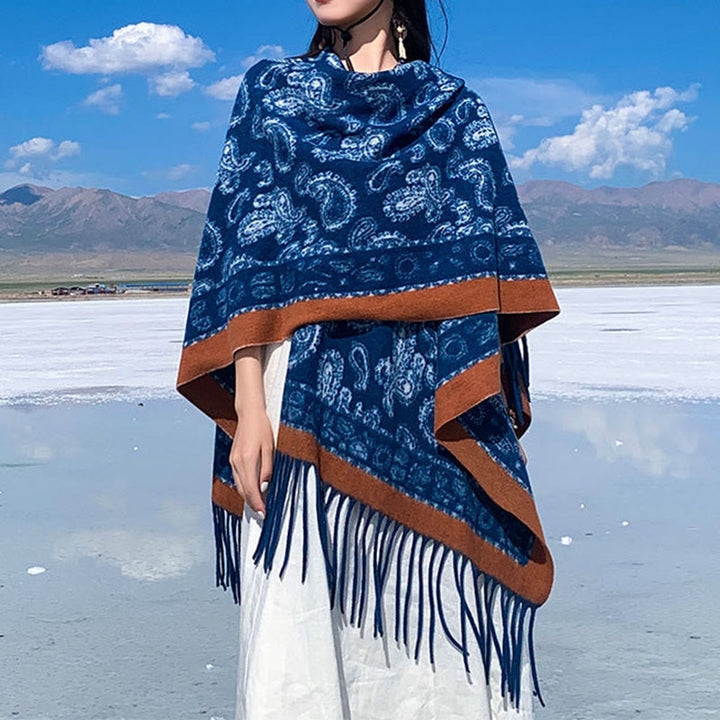 Sciarpa scialle con nappe e motivo patchwork Paisley blu navy Buddha Stones - image 2