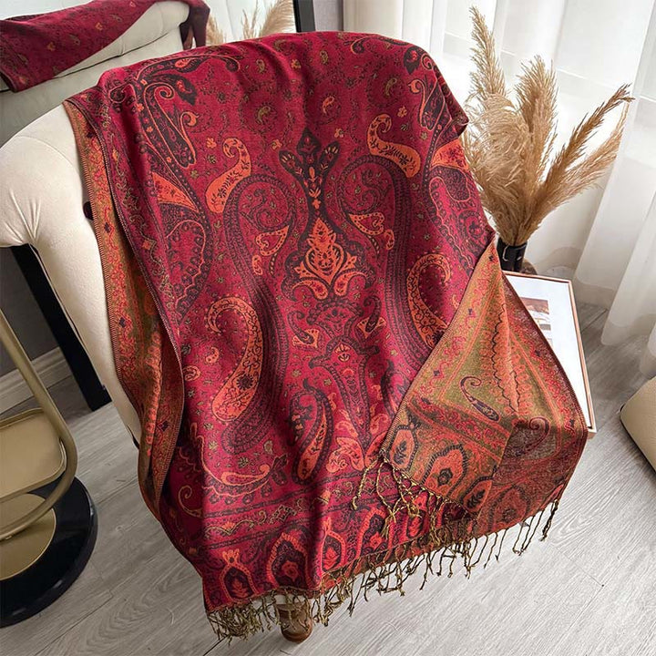 Sciarpa/stola con nappe e motivo floreale paisley primaverile Buddha Stones. - Cremisi - 195*70 cm - image 16