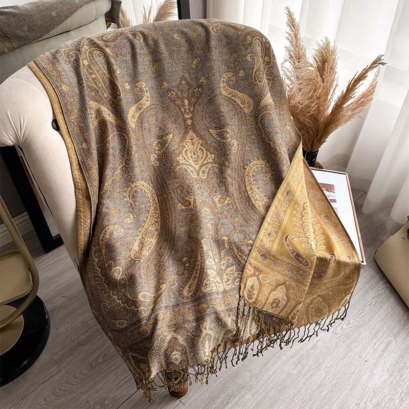 Sciarpa/stola con nappe e motivo floreale paisley primaverile Buddha Stones. - Verga d'oro - 195*70 cm - image 12