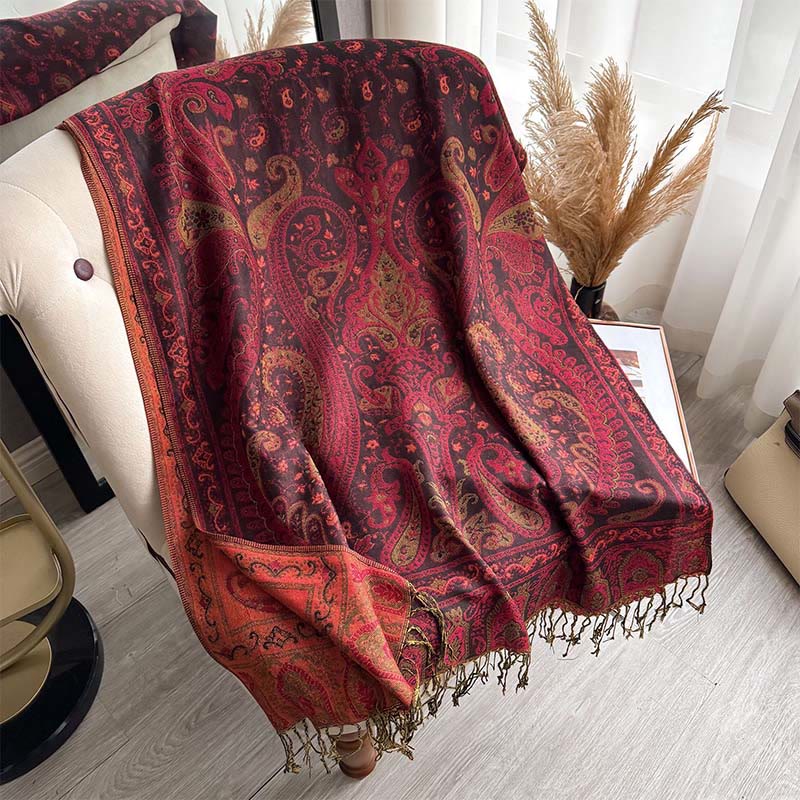 Sciarpa/stola con nappe e motivo floreale paisley primaverile Buddha Stones. - Rosso scuro - 195*70 cm - image 4