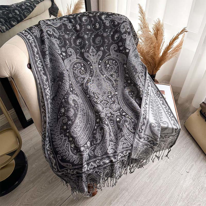 Sciarpa/stola con nappe e motivo floreale paisley primaverile Buddha Stones. - Grigio tenue - 195*70 cm - image 8