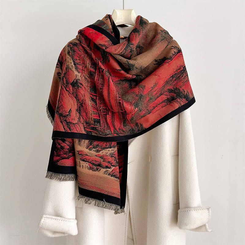 Sciarpa spessa e accogliente con motivo dipinto di paesaggio invernale Buddha Stones nappe - SandyBrown - 180*65cm - image 0