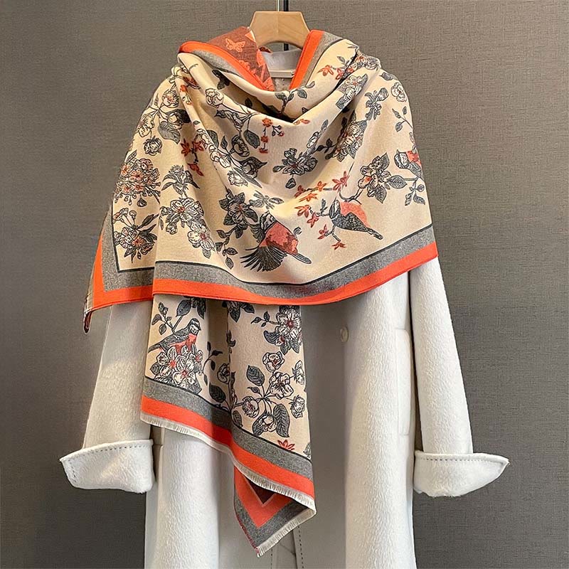 Sciarpa morbida e accogliente, motivo a contrasto di colori, motivo a fiori con uccelli Buddha Stones - Arancione Rosso - 190*65 centimetri - image 0