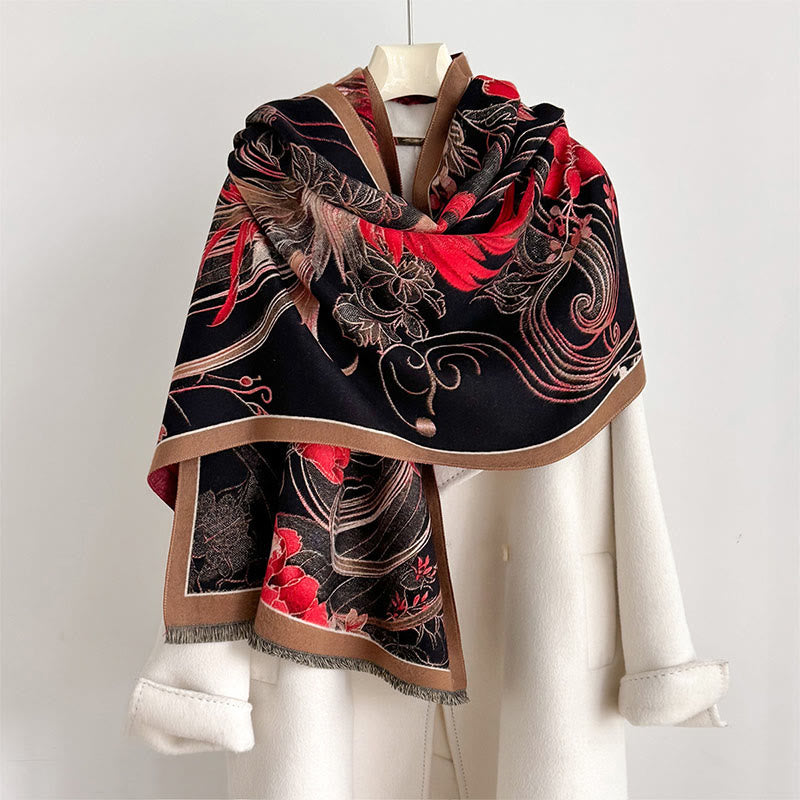 Sciarpa morbida con nappe e motivo a fiori di fenice invernale con Buddha Stones - Nero - 180*65cm - image 0