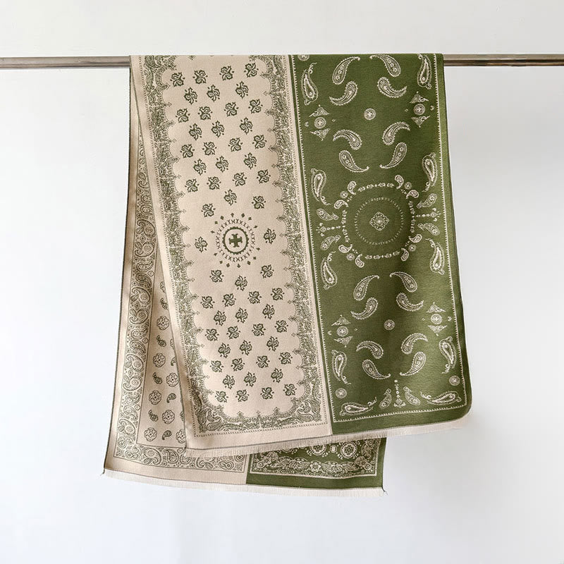 Sciarpa spessa e morbida, motivo patchwork geometrico con nappe Buddha Stones - Verde oliva - 186*66 cm - image 12