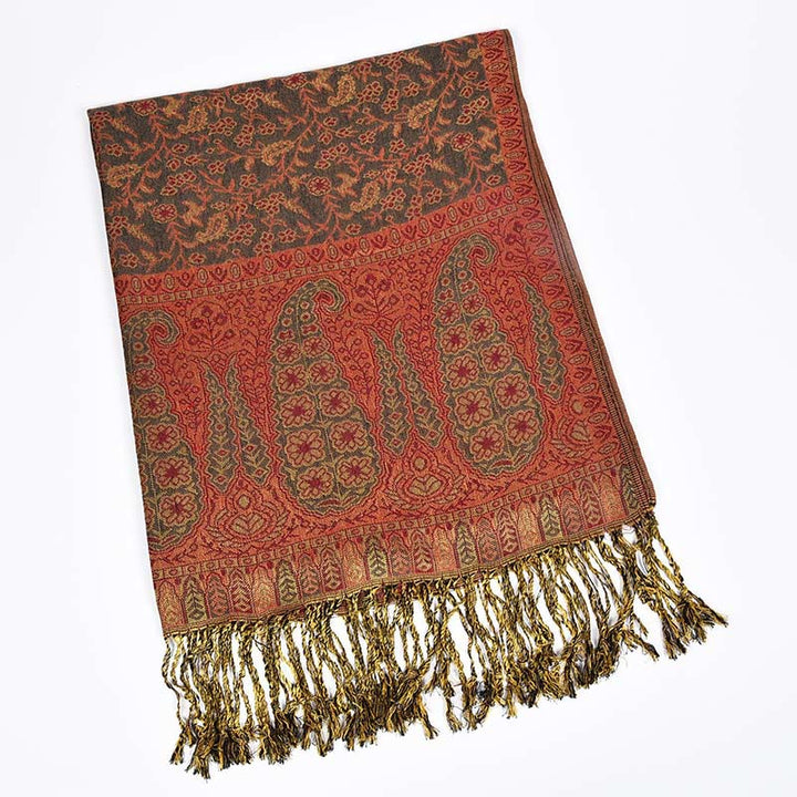 Sciarpa scialle con nappe e motivo paisley patchwork in jacquard con Buddha Stones e contrasto di colore - FireBrick - image 8