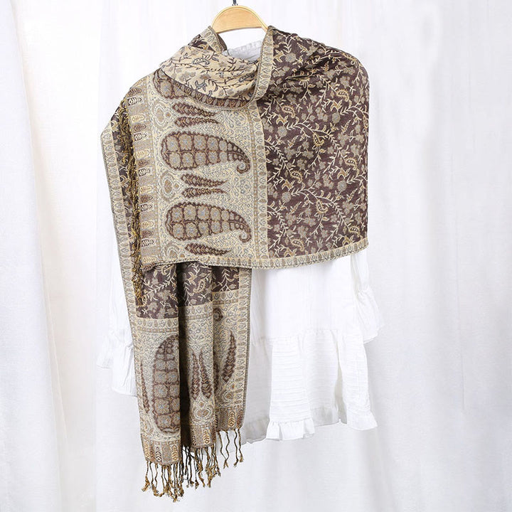 Sciarpa scialle con nappe e motivo paisley patchwork in jacquard con Buddha Stones e contrasto di colore - image 3