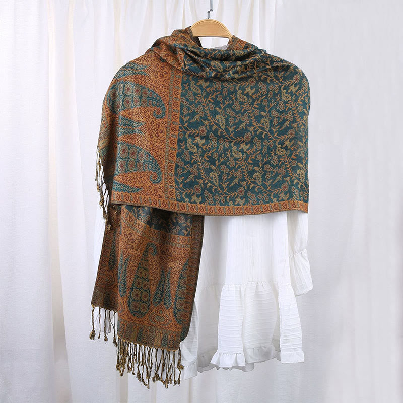 Sciarpa scialle con nappe e motivo paisley patchwork in jacquard con Buddha Stones e contrasto di colore - image 5
