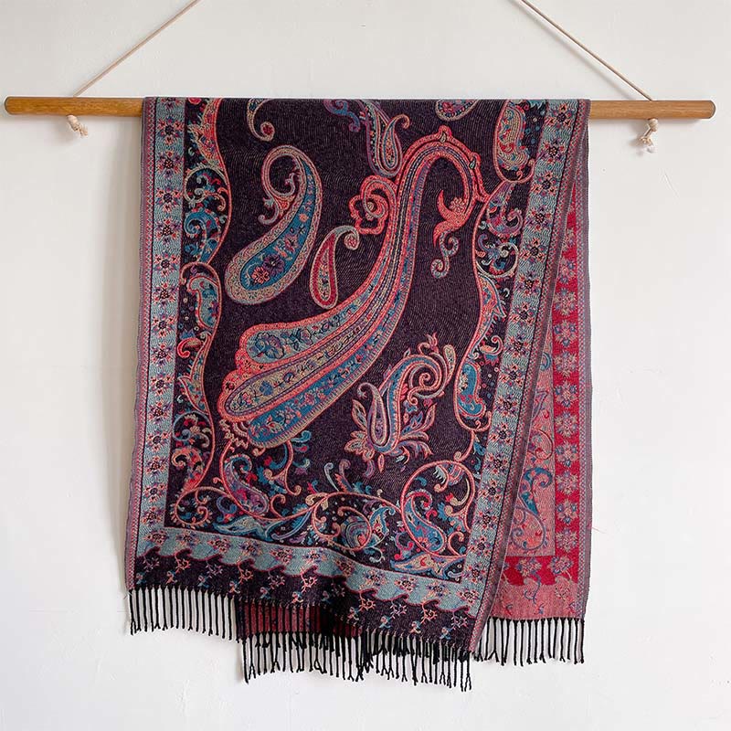 Sciarpa calda con nappa e motivo floreale Paisley, motivo invernale, motivo Buddha Stones - Magenta scuro - 200*65 cm - image 4