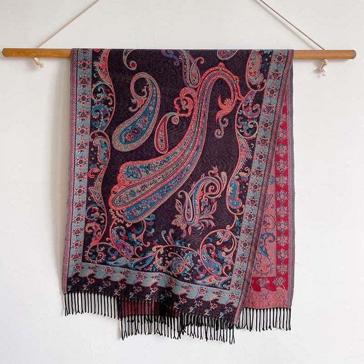 Sciarpa calda con nappa e motivo floreale Paisley, motivo invernale, motivo Buddha Stones - Magenta scuro - 200*65 cm - image 4