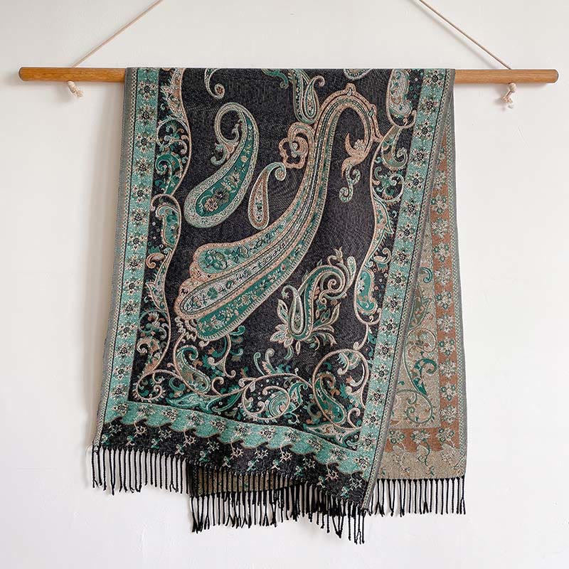 Sciarpa calda con nappa e motivo floreale Paisley, motivo invernale, motivo Buddha Stones - Nero - 200*65 cm - image 5
