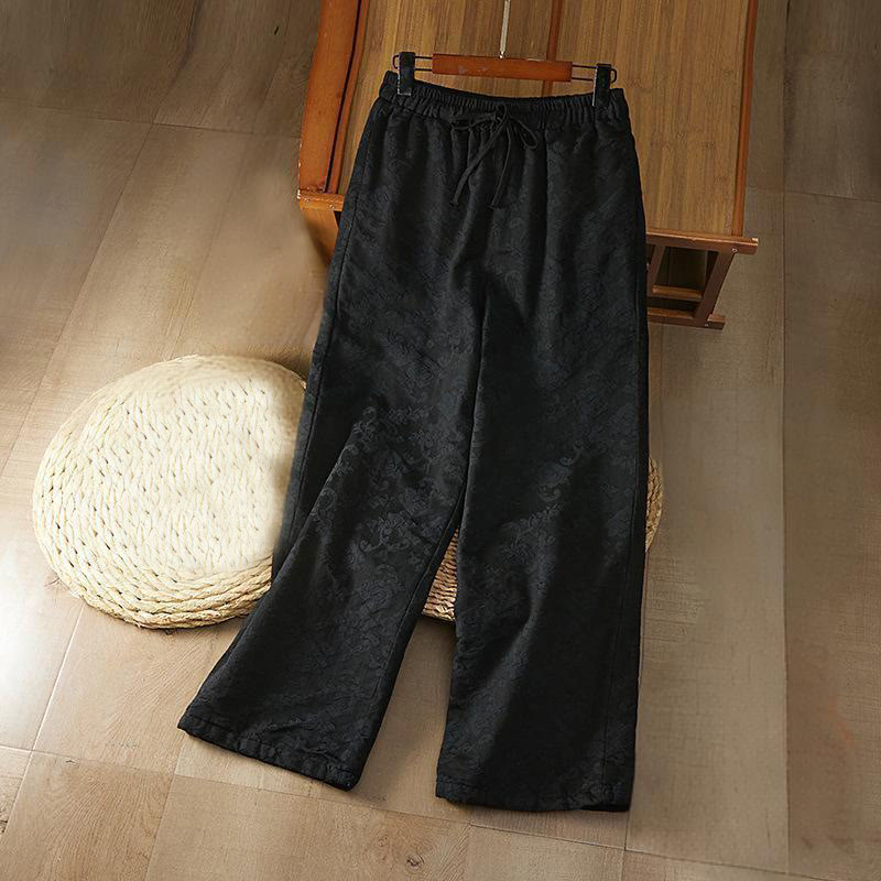 Pantaloni da donna in cotone a gamba larga con tasche, modello jacquard termico invernale Buddha Stones - Nero - US8-10, UK/AU12-14, EU40-42 (2XL) - image 0