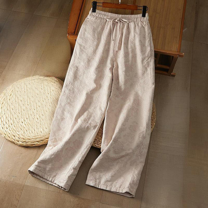 Pantaloni da donna in cotone a gamba larga con tasche, modello jacquard termico invernale Buddha Stones - Bianco antico - US8-10, UK/AU12-14, EU40-42 (2XL) - image 7