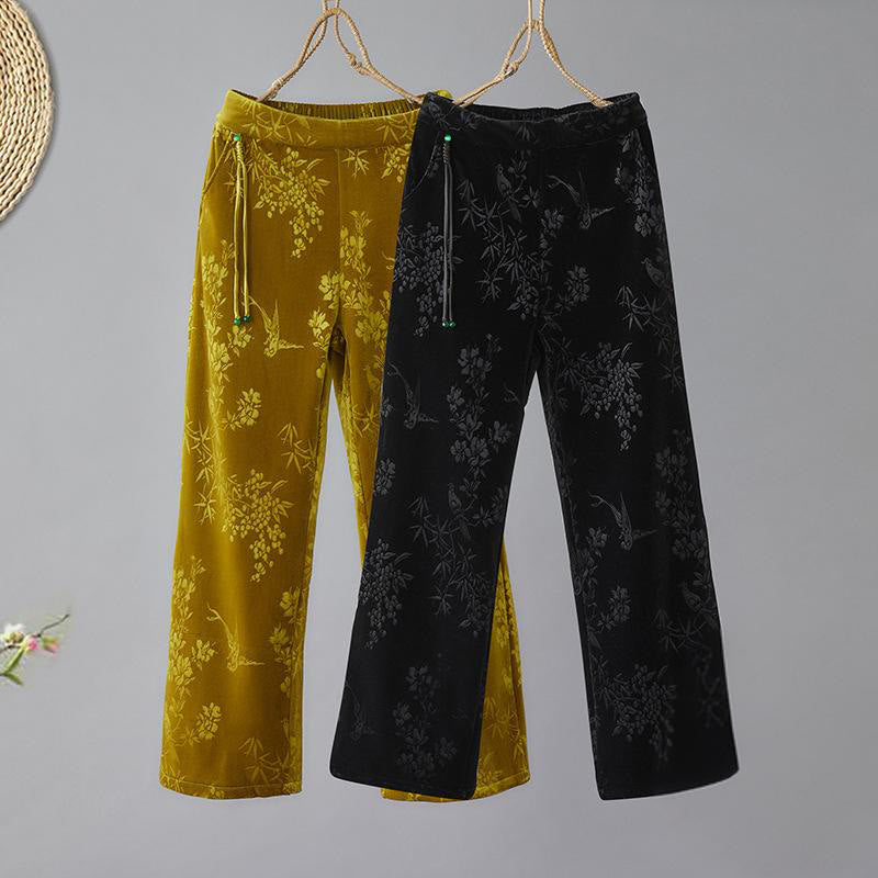 Pantaloni da donna Buddha Stones in jacquard con vita alta, gamba larga, foderati in pile di cotone e tasche - image 0