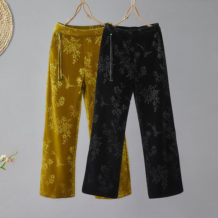 Pantaloni da donna Buddha Stones in jacquard con vita alta, gamba larga, foderati in pile di cotone e tasche - image 0