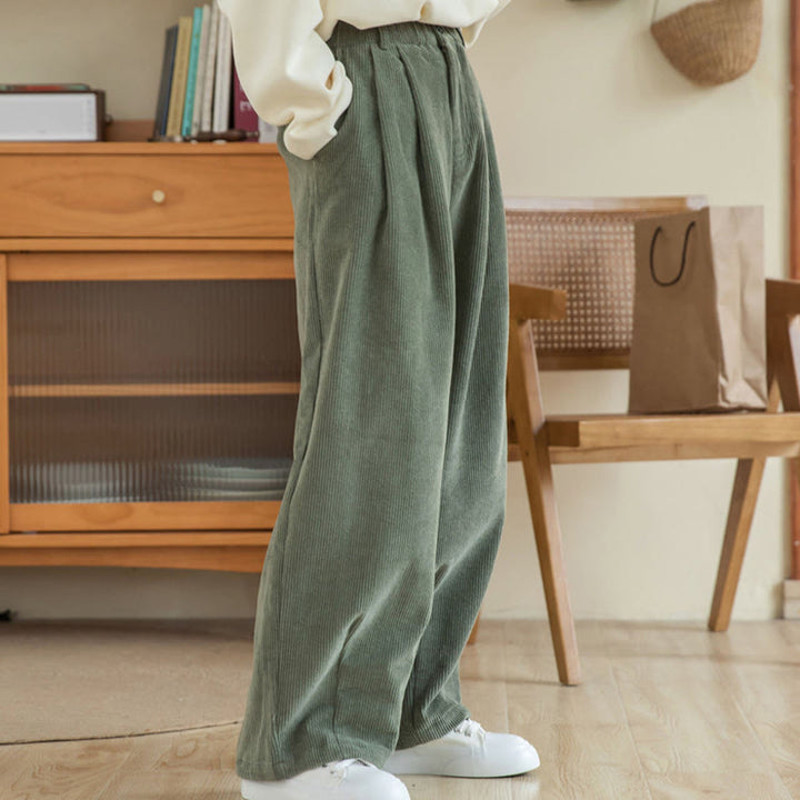 Pantaloni in velluto a coste di cotone con tasche e gamba larga, con cerniera e vita alta, da donna, Buddha Stones - image 4