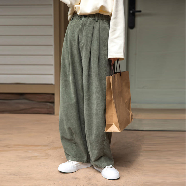 Pantaloni in velluto a coste di cotone con tasche e gamba larga, con cerniera e vita alta, da donna, Buddha Stones - image 9