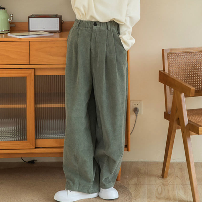 Pantaloni in velluto a coste di cotone con tasche e gamba larga, con cerniera e vita alta, da donna, Buddha Stones - image 3