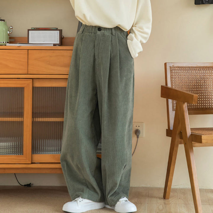 Pantaloni in velluto a coste di cotone con tasche e gamba larga, con cerniera e vita alta, da donna, Buddha Stones - image 5